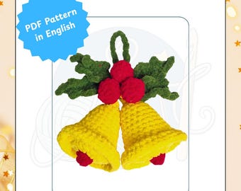 May include: A crochet Christmas ornament featuring two yellow bells with red accents, green leaves, and red berries. The image includes the text "Christmas Bells" and "PDF Pattern in English". The Etsy shop handle is @threadbornetreasures.