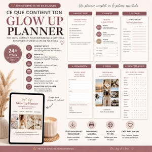 May include: A digital planner with a soft, feminine design, featuring sections for mindset, finances, and vision. The planner includes 24+ pages of content, with a focus on self-care, organization, and goal setting. The image also shows a tablet and a lit candle.