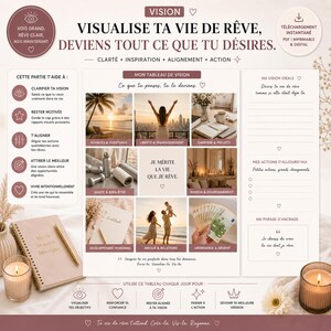 May include: A vision board with the word "VISION" at the top. The board includes sections for goals, affirmations, and action steps. It features images related to travel, career, and personal well-being. A notebook and candle are in the foreground.