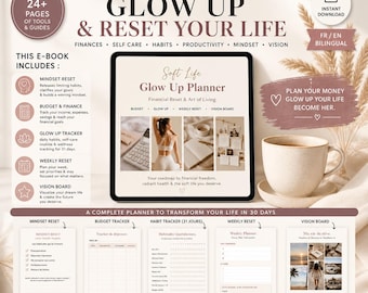 Glow Up Planner PDF | That Girl Planner | Self Care & Vision Board | Budget Planner | Romanticize Your Life | Digital Download | FR-EN