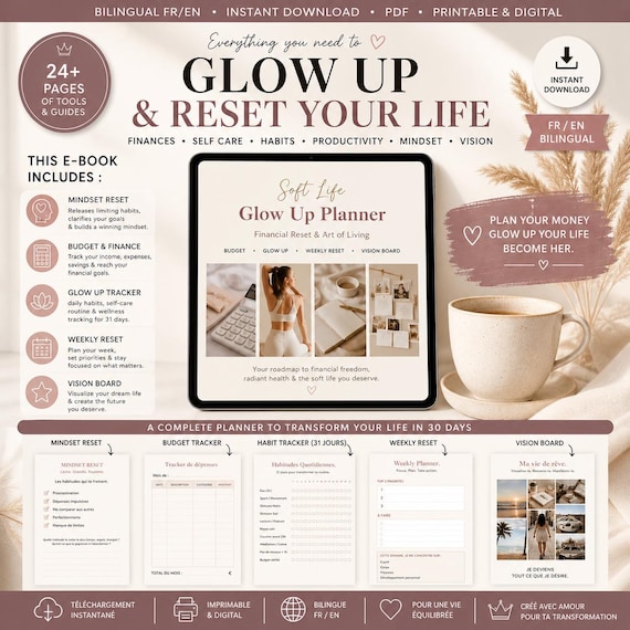 Glow Up Planner PDF | That Girl Planner | Self Care & Vision Board | Budget Planner | Romanticize Your Life | Digital Download | FR-EN