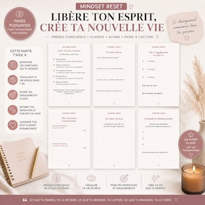 May include: A Mindset Reset journal with prompts for self-reflection and goal setting. The journal includes pages for identifying habits, visualizing goals, and defining intentions. A pen and a lit candle are also visible.