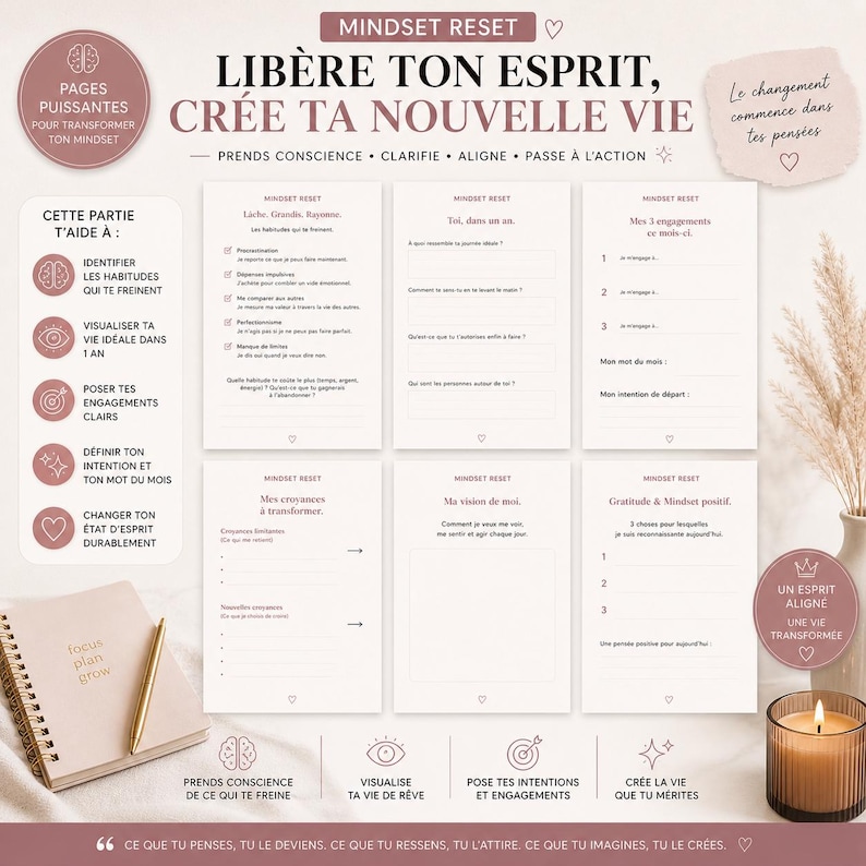 May include: A Mindset Reset journal with prompts for self-reflection and goal setting. The journal includes pages for identifying habits, visualizing goals, and defining intentions. A pen and a lit candle are also visible.
