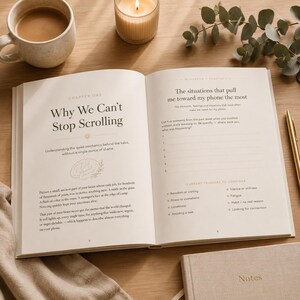 Peut inclure: Un livre ouvert avec des pages intitulées Chapter One Why We Can't Stop Scrolling et The situations that pull me toward my phone the most. Le texte inclut une illustration de cerveau, des lignes numérotées et une liste de déclencheurs.