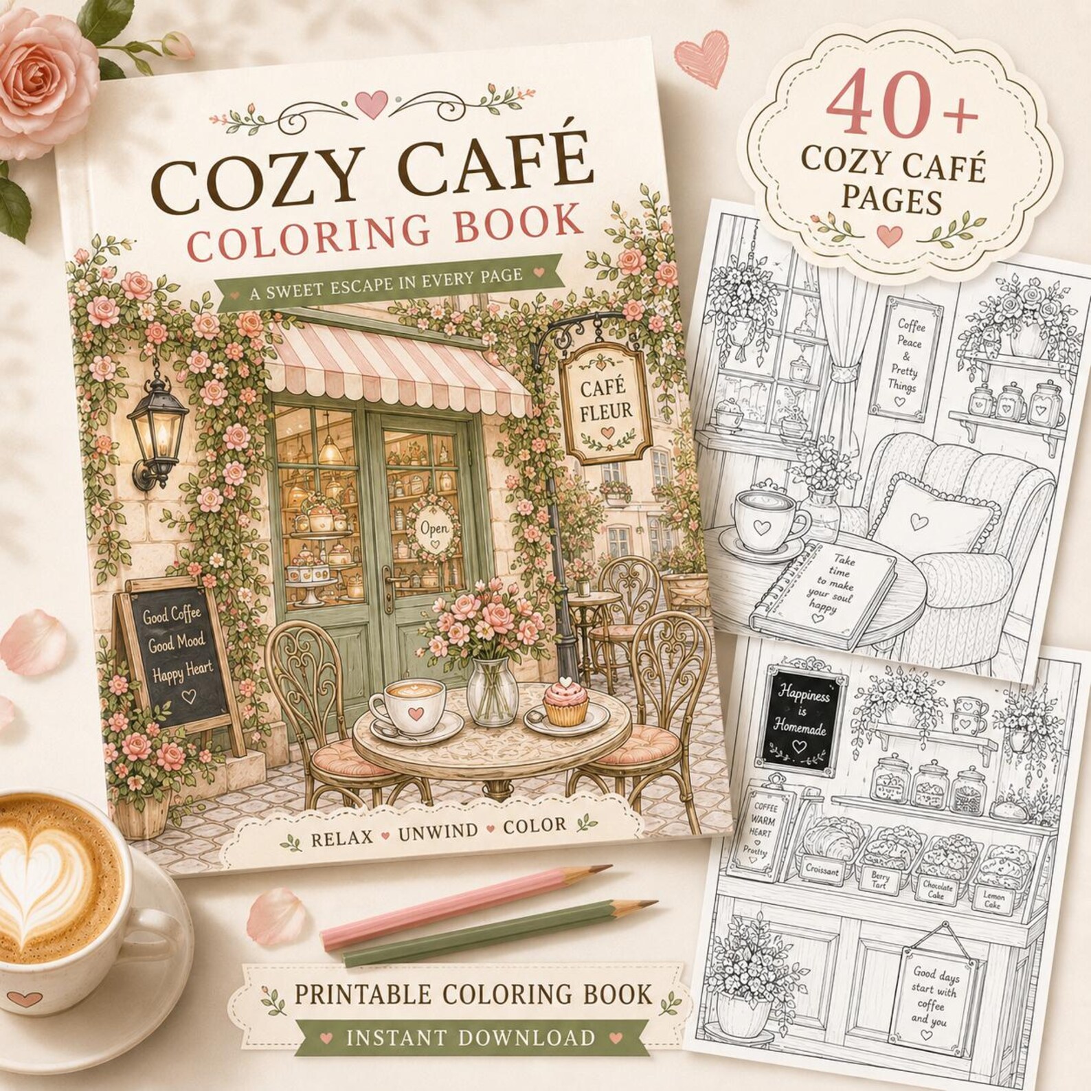 Cozy Café Coloring Book Printable, 40+ Adult Coloring Pages, Coffee ...