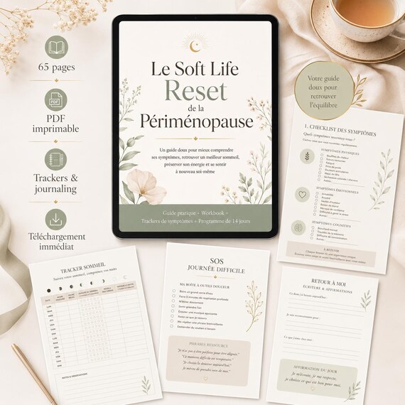 Guide Périménopause PDF, Journal de Symptômes Imprimable, Tracker Sommeil Humeur Énergie, Programme Bien-être 14 Jours