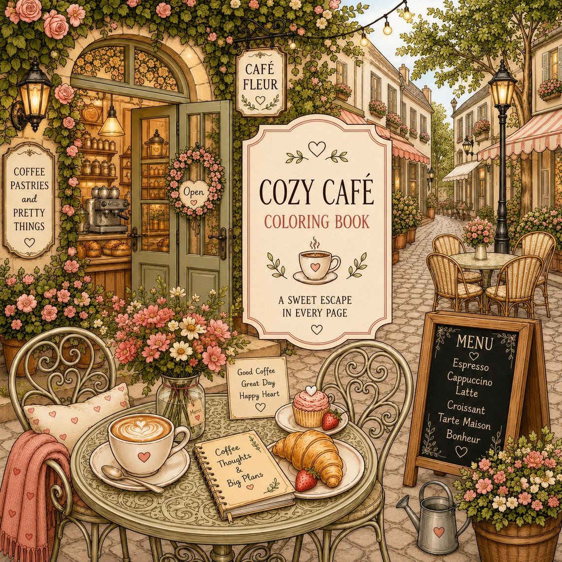 Cozy Café Coloring Book Printable, 40+ Adult Coloring Pages, Coffee ...