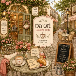 May include: A coloring book titled COZY CAFE COLORING BOOK A SWEET ESCAPE IN EVERY PAGE featuring a cafe scene with a table, chairs, a cup of coffee, a croissant, a cupcake, a vase of flowers, and a menu board listing espresso and pastries.