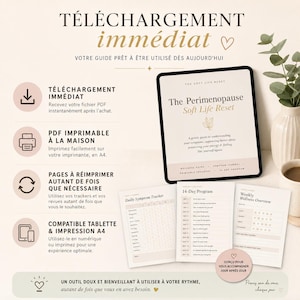 May include: A digital wellness guide titled The Perimenopause Soft Life Reset displayed on a tablet screen alongside three printed pages featuring a Daily Symptom Tracker, a 14-Day Program, and a Weekly Wellness Overview with beige and black text.
