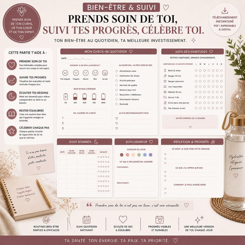 May include: A wellness and self-care printable planner in French. The layout includes sections for daily check-ins, habit tracking, mood monitoring, and reflection. A water bottle and a notebook with a pen are also visible.
