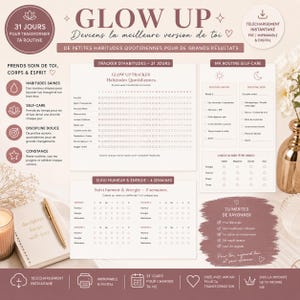 May include: A self-care planner with the text "Glow Up" and "31 Days to Transform Your Routine." It includes sections for daily habits, mood tracking, and self-care routines. A candle and a decorative vase are in the background.