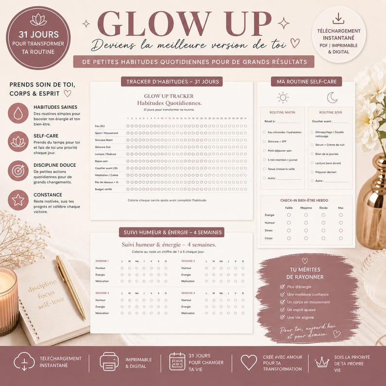 May include: A self-care planner with the text "Glow Up" and "31 Days to Transform Your Routine." It includes sections for daily habits, mood tracking, and self-care routines. A candle and a decorative vase are in the background.
