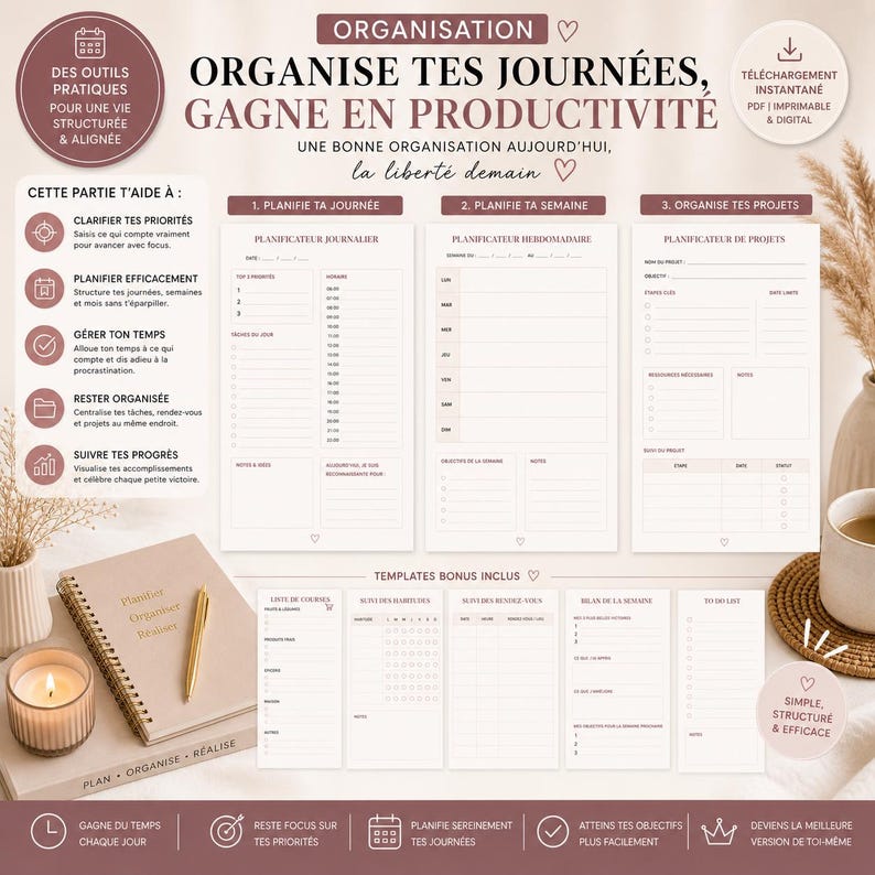 May include: A digital planner with the text "Organize Your Days, Gain Productivity" and "Plan, Organize, Realize." The planner includes daily, weekly, and project planning templates, plus bonus templates. The design is beige and white with a gold pen.
