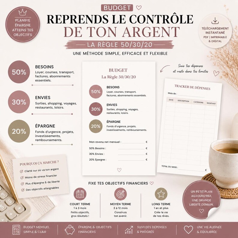 May include: A financial planning guide with the title "Take Control of Your Money" and the 50/30/20 rule. The guide includes sections for needs, wants, and savings, along with a tracker for expenses and financial goals.