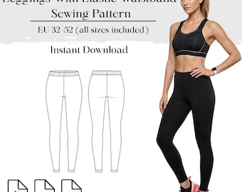 Patrón de costura para leggings con cintura elástica / Tallas EU 32–52 / A4 A0 US carta / Patrón adicional incluido