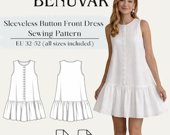 Sleeveless Button Front Dress Sewing Pattern PDF | Eu 32–52 Us 0–20 | A4 | Bonus Pattern Included
