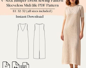 V-Neck Jumper Dress Sewing Pattern - Sleeveless Midi Jile PDF Pattern | Eu 32–52 Us 0–20 | A4 Us Letter | Bonus Pattern Included