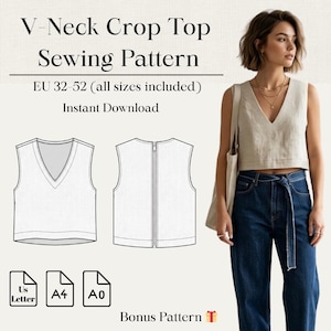 Op de afbeelding: Een V-hals crop top naaipatroon met de tekst "V-Neck Crop Top Sewing Pattern" en "EU 32-52 (alle maten inbegrepen) Direct downloaden". Het patroon bevat diagrammen.