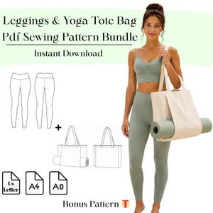 May include: A PDF sewing pattern bundle for leggings and a yoga tote bag. The image displays technical line drawings of leggings and a tote bag, alongside a person wearing a sage green sports bra and leggings while carrying a beige canvas tote bag.