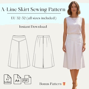 May include: A-Line Skirt Sewing Pattern, EU 32-52, Instant Download. Includes a technical line drawing of the front and back of a white A-line skirt with a yoke and center pleat, alongside a photograph of the finished white skirt on a model.
