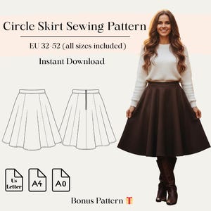 May include: A digital sewing pattern for a circle skirt, featuring text that reads Circle Skirt Sewing Pattern, EU 32-52 (all sizes included), Instant Download, and Bonus Pattern. Includes technical line drawings of the skirt and paper size icons.