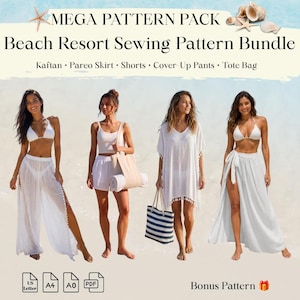 以下が含まれることがあります： MEGA PATTERN PACK Beach Resort Sewing Pattern Bundleというタイトルのデジタル縫製パターンセット。カフタン、パレオスカート、ショートパンツ、ビーチパンツ、トートバッグの型紙が含まれています。画像には4着の白いビーチウェアとストライプ柄のトートバッグが表示されています。