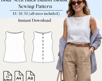 Back Button Blouse Sewing Pattern  | Eu 32–52 | A4 A0 Us Letter| Bonus Pattern Included