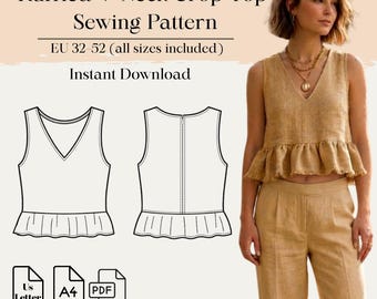 Ruffled V-Neck Crop Top Sewing Pattern  | Eu 32–52 | A4 Us Letter | Bonus Pattern Included