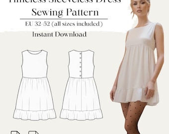 Timeless Sleeveless Dress Sewing Pattern PDF | Eu 32–52 Us 0–20 | A4 | Bonus Pattern Included
