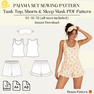 Puede incluir: Un patrón de costura digital para un conjunto de pijama que incluye camiseta de tirantes, pantalones cortos y antifaz. La imagen muestra dibujos técnicos de las prendas, una foto del conjunto terminado con estampado de limones y tallas.