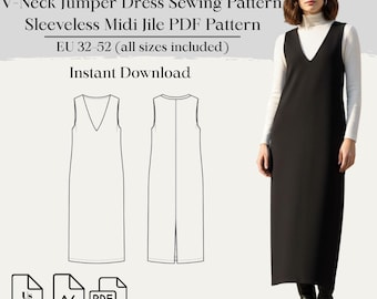 V-Neck Sleeveless Jumper Dress Sewing Pattern – Midi Jile PDF (Digital Download)