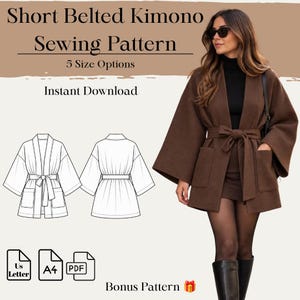 May include: A short belted kimono sewing pattern featuring text that reads Short Belted Kimono Sewing Pattern, 5 Size Options, Instant Download, and Bonus Pattern. The image displays a brown kimono with wide sleeves and two pockets.