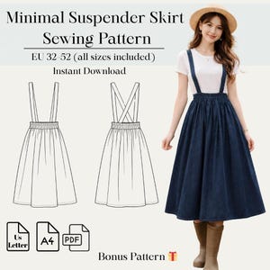 Puede incluir: Se muestra un patrón de costura para una falda con tirantes minimalista con dos dibujos lineales y una foto de una mujer que lleva la falda. El texto dice "Minimal Suspender Skirt Sewing Pattern" y "EU 32-52 (todas las tallas incluidas) Descarga instantánea."
