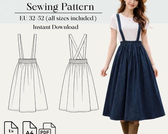 Patrón de costura PDF para falda minimalista con tirantes / Tallas EU 32–52 US 0–20 / Tamaño A4 US Carta / Patrón adicional incluido