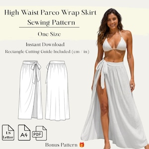 May include: High Waist Pareo Wrap Skirt Sewing Pattern, One Size, Instant Download, Rectangle Cutting Guide Included (cm / in). A white high-waist wrap skirt with a side tie and a long, flowing silhouette, shown with a matching bikini top.