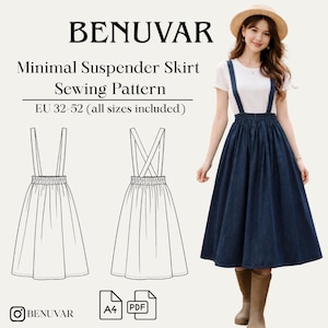 Op de afbeelding: Een naaipatroon voor een minimalistische rok met bretels van BENUVAR. De afbeelding toont een vrouw die een spijkerbroekrok met bretels draagt, en twee lijntekeningen van de rok. De tekst op de afbeelding luidt "Minimal Suspender Skirt Sewing Pattern EU 32-52 (all sizes included)."