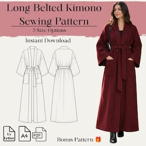May include: A long belted kimono sewing pattern featuring text that reads Long Belted Kimono Sewing Pattern, 5 Size Options, Instant Download, and Bonus Pattern. The image displays a maroon floor-length robe with wide sleeves and pockets.