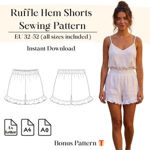 Patron de couture short ourlet à volants | 32-52 UE | A4 A0 Lettre US | Motif bonus inclus