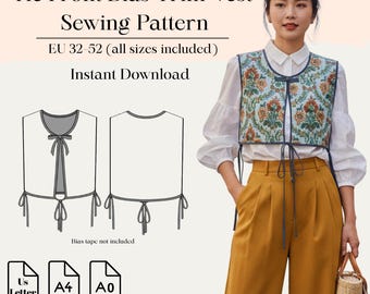 Tie Front Bias Trim Vest Sewing Pattern | Eu 32–52 | A4 A0 Us Letter | Bonus Pattern Included
