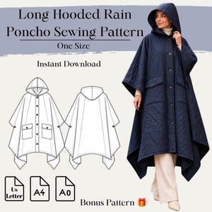 May include: A long hooded rain poncho sewing pattern featuring a navy blue quilted poncho with a front button closure and two pockets. The image includes technical line drawings of the front and back, plus US Letter, A4, and A0 file icons.
