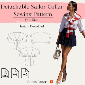 May include: A digital sewing pattern for a detachable sailor collar, featuring line drawings of the collar design, text reading Detachable Sailor Collar Sewing Pattern, One Size, Instant Download, and icons for US Letter, A4, and A0 paper sizes.