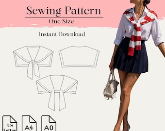 May include: A digital sewing pattern for a detachable sailor collar, featuring line drawings of the collar design, text reading Detachable Sailor Collar Sewing Pattern, One Size, Instant Download, and icons for US Letter, A4, and A0 paper sizes.
