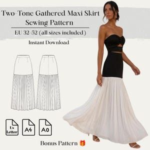 Two-Tone Ruffle Maxi Skirt PDF Sewing Pattern, High Waist Long Skirt Pattern, Digital Download