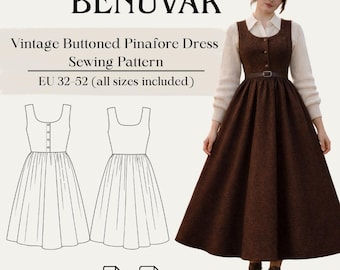 Vintage Buttoned Pinafore Dress Sewing Pattern PDF | Eu 32–52 Us 0–20 | A4 | Bonus Pattern Included