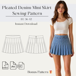 May include: A sewing pattern for a pleated denim mini skirt. The image shows a woman wearing a blue denim skirt and a line drawing of the skirt. The text on the image says "Pleated Denim Mini Skirt Sewing Pattern" and "EU 36-42".