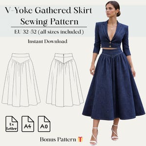 May include: A sewing pattern for a V-Yoke Gathered Skirt, with sizes EU 32-52. The image shows a woman wearing a denim skirt and jacket. The pattern includes US Letter, A4, and A0 formats. Text on the image reads "Instant Download" and "Bonus Pattern".