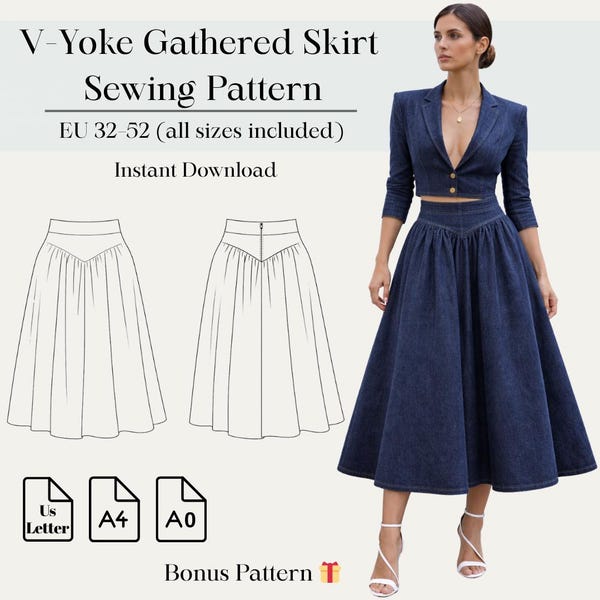 V-Yoke Gathered Skirt Sewing Pattern PDF | Eu 32–52 | A4 A0 Us letter | Bonus Pattern Included