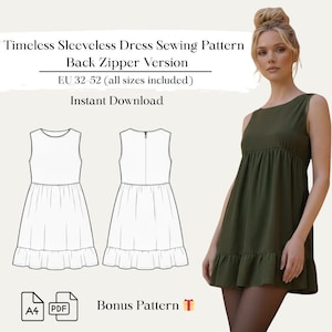 May include: An olive green sleeveless dress with a back zipper, shown on a model. The image also includes a line drawing of the dress and text that reads "Timeless Sleeveless Dress Sewing Pattern, Back Zipper Version, EU 32-52 (all sizes included), Instant Download."