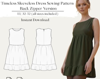 Timeless Sleeveless Dress Sewing Pattern - Back Zipper Version | Eu 32–52 Us 0–20 | A4 | Bonus Pattern Included