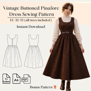 May include: A woman wearing a brown buttoned pinafore dress with a belt. The image includes a dress sewing pattern with the text "Vintage Buttoned Pinafore Dress Sewing Pattern" and "Instant Download". The pattern includes sizes EU 32-52.